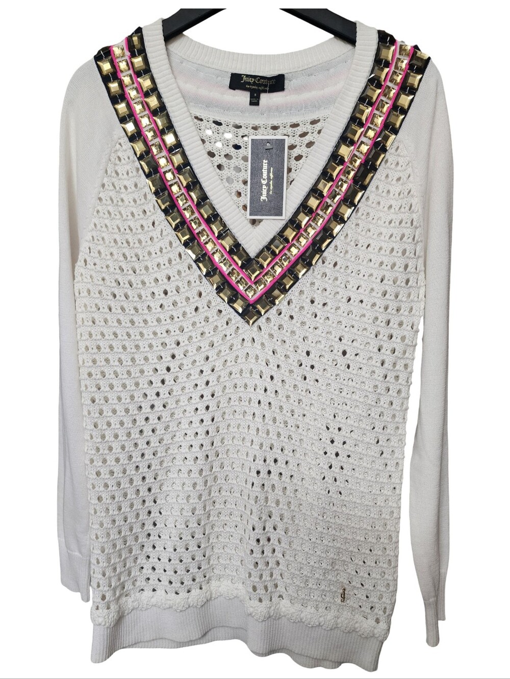 JUICY COUTURE Sweater White Open Knit V-Neck Embellished Cricket NWT Small